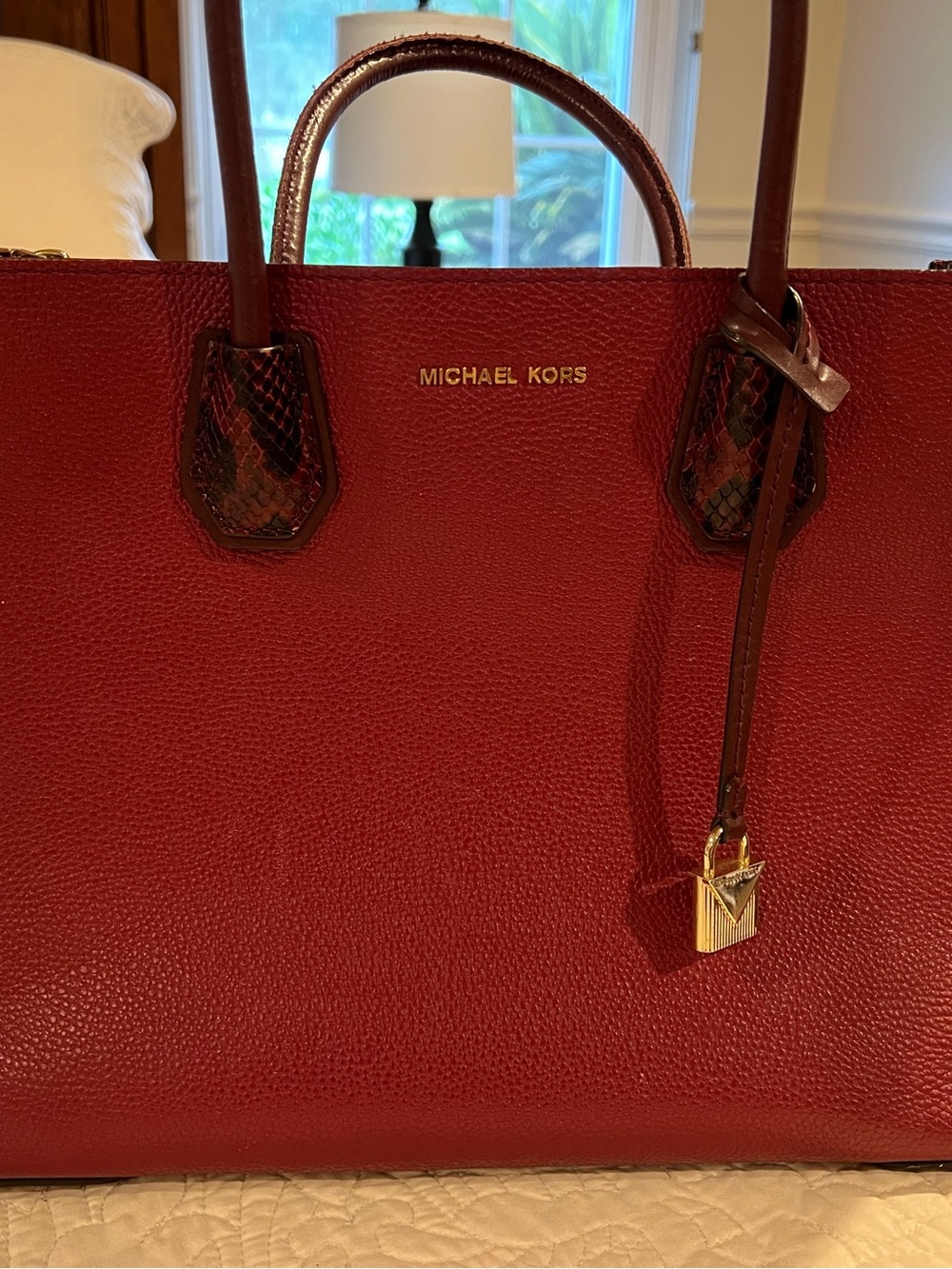Michael Kors Burgundy Pebbled Leather Tote with Gold Hardware